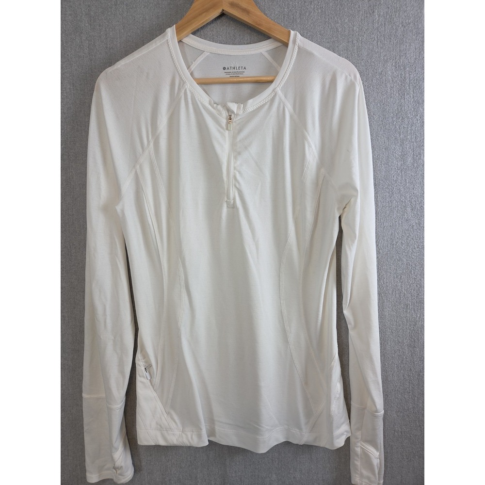 Athleta M White Running Long Sleeve Thumbs Holes Active Sweatshirt Top 1/4 Zip